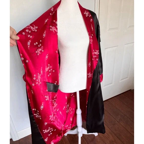 VTG Embroidered Dragon Reversible Satin Kimono Robe Asian Print Smoking Jacket S - Picture 16 of 16